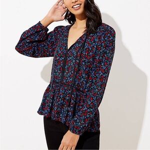 LOFT Floral Print Peplum Long Sleeve Top - Blue and Red with Velvet Lining XS